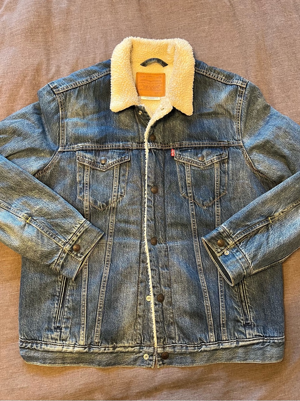 Levi's Blue Denim Sherpa-Lined Trucker Jacket with Cream Collar